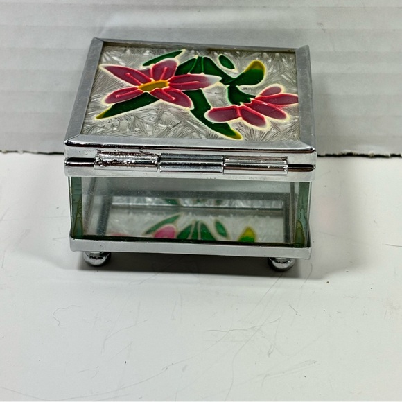 Stained Glass Pink Flower Jewelry Trinket Vanity Box Mirrored Bottom - Picture 8 of 11